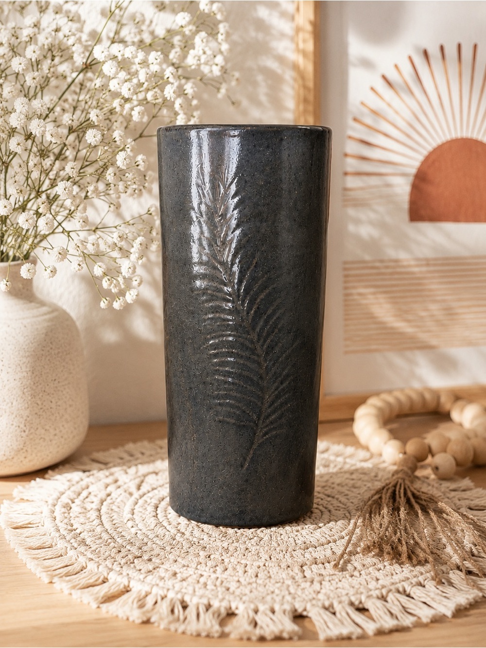 Studio Pottery Vase Stoneware Cylindrical Botanical Vessel MD Maker Mark